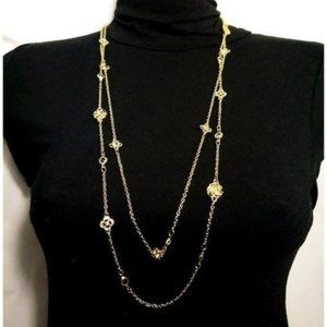 Laura Ashley Women's two row glass stone flower gold chain Necklace